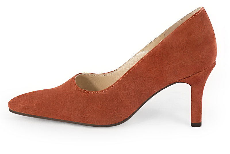 Terracotta orange women's dress pumps,with a square neckline. Tapered toe. High slim heel. Profile view - Florence KOOIJMAN
